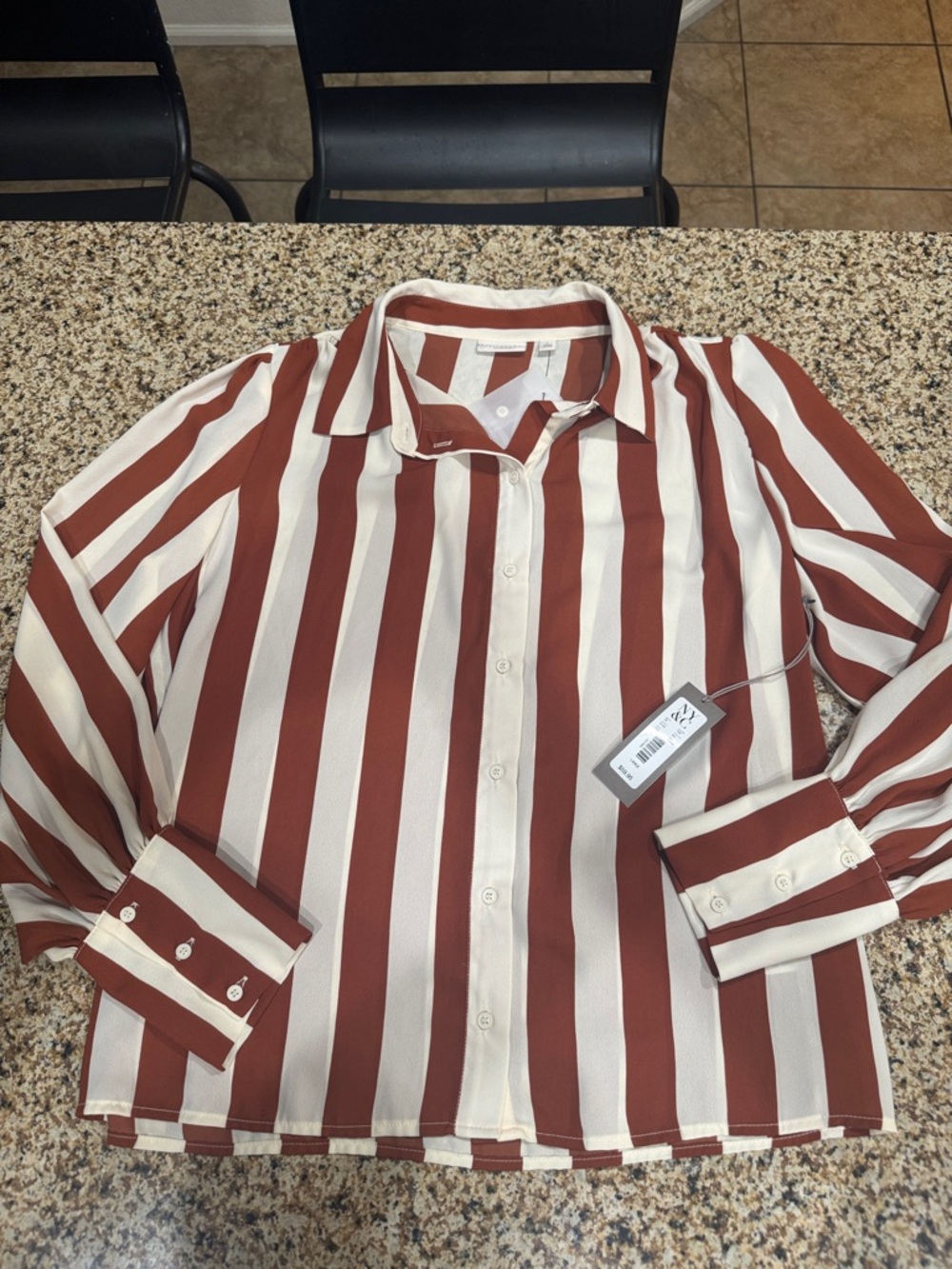 Eva Mendes long sleeved Striped Button-Up Blouse in Rust & Ivory NWT SIZE LARGE